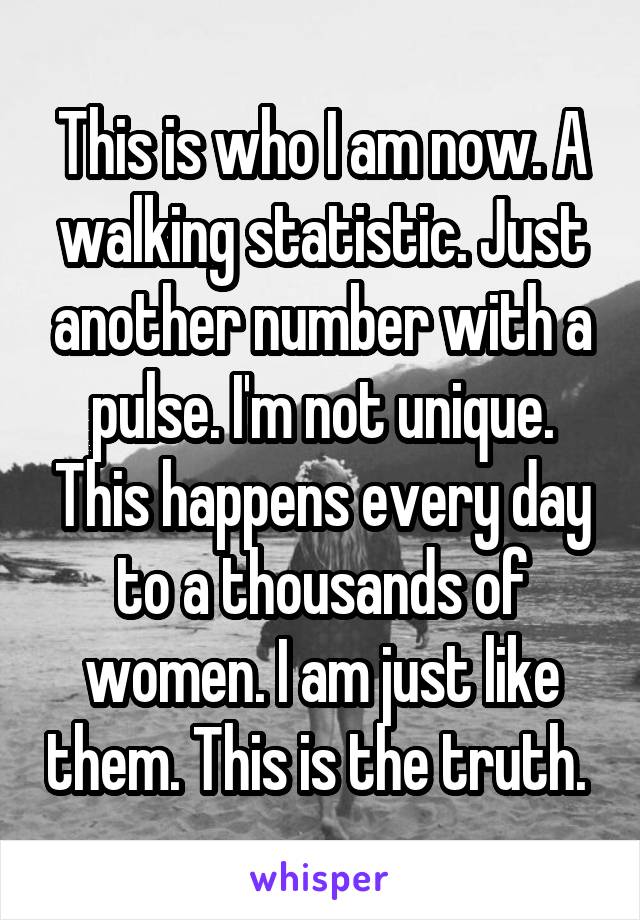 This is who I am now. A walking statistic. Just another number with a pulse. I'm not unique. This happens every day to a thousands of women. I am just like them. This is the truth. 