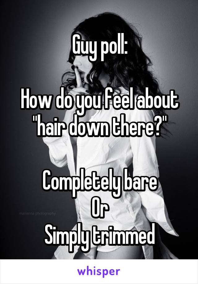 Guy poll:

How do you feel about "hair down there?"

Completely bare
Or
Simply trimmed