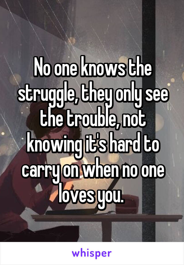 No one knows the struggle, they only see the trouble, not knowing it's hard to carry on when no one loves you. 