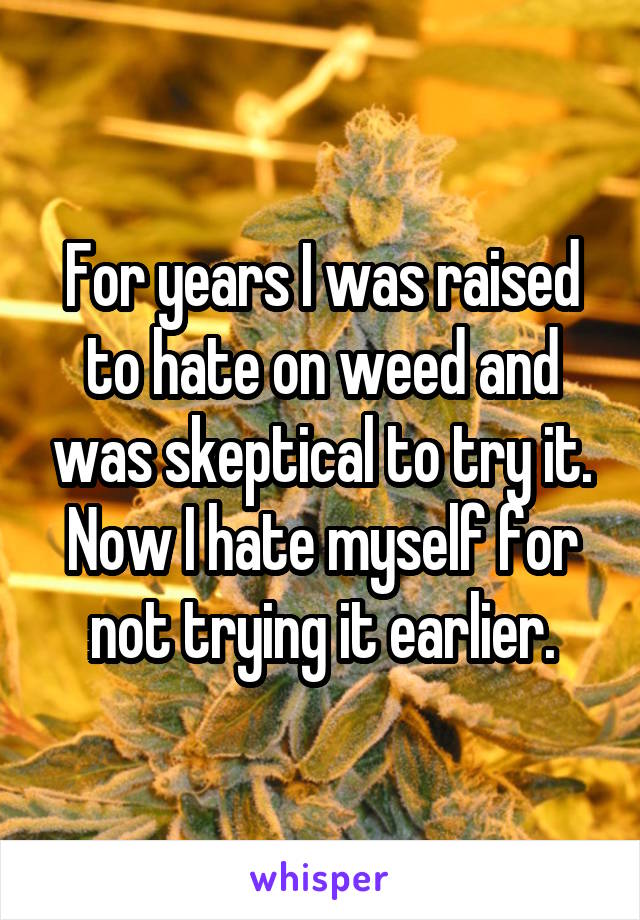 For years I was raised to hate on weed and was skeptical to try it. Now I hate myself for not trying it earlier.