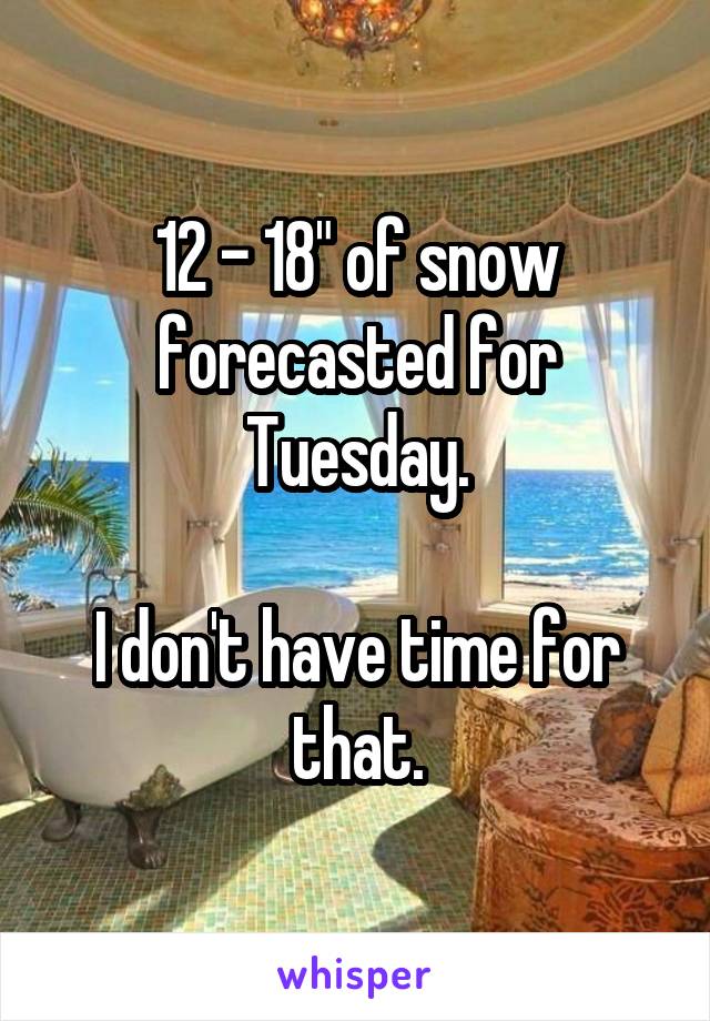 12 - 18" of snow forecasted for Tuesday.

I don't have time for that.