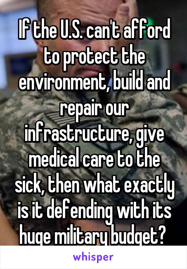 If the U.S. can't afford to protect the environment, build and repair our infrastructure, give medical care to the sick, then what exactly is it defending with its huge military budget? 