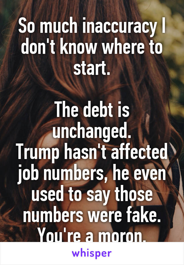 So much inaccuracy I don't know where to start.

The debt is unchanged.
Trump hasn't affected job numbers, he even used to say those numbers were fake.
You're a moron.