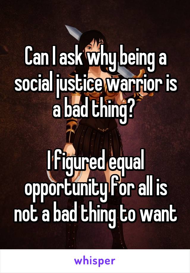 Can I ask why being a social justice warrior is a bad thing? 

I figured equal opportunity for all is not a bad thing to want