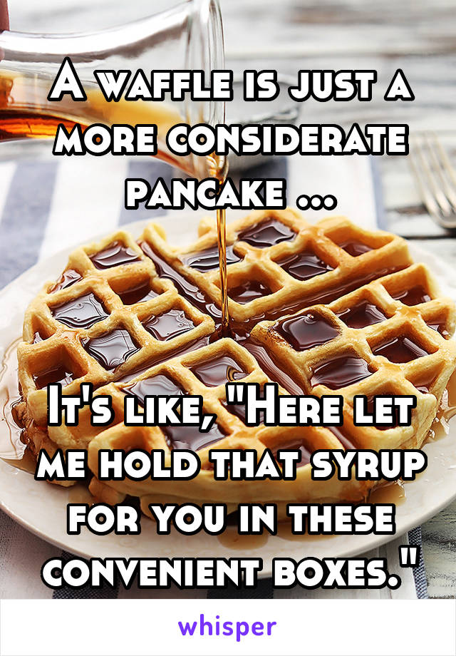 A waffle is just a more considerate pancake ...



It's like, "Here let me hold that syrup for you in these convenient boxes."