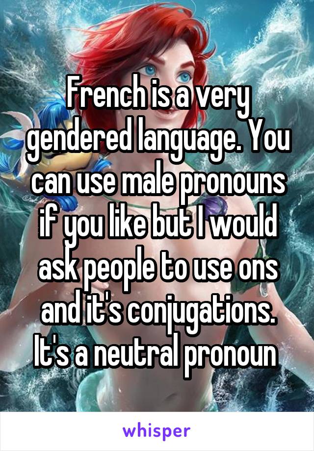 French is a very gendered language. You can use male pronouns if you like but I would ask people to use ons and it's conjugations. It's a neutral pronoun 