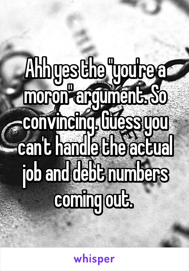 Ahh yes the "you're a moron" argument. So convincing. Guess you can't handle the actual job and debt numbers coming out. 