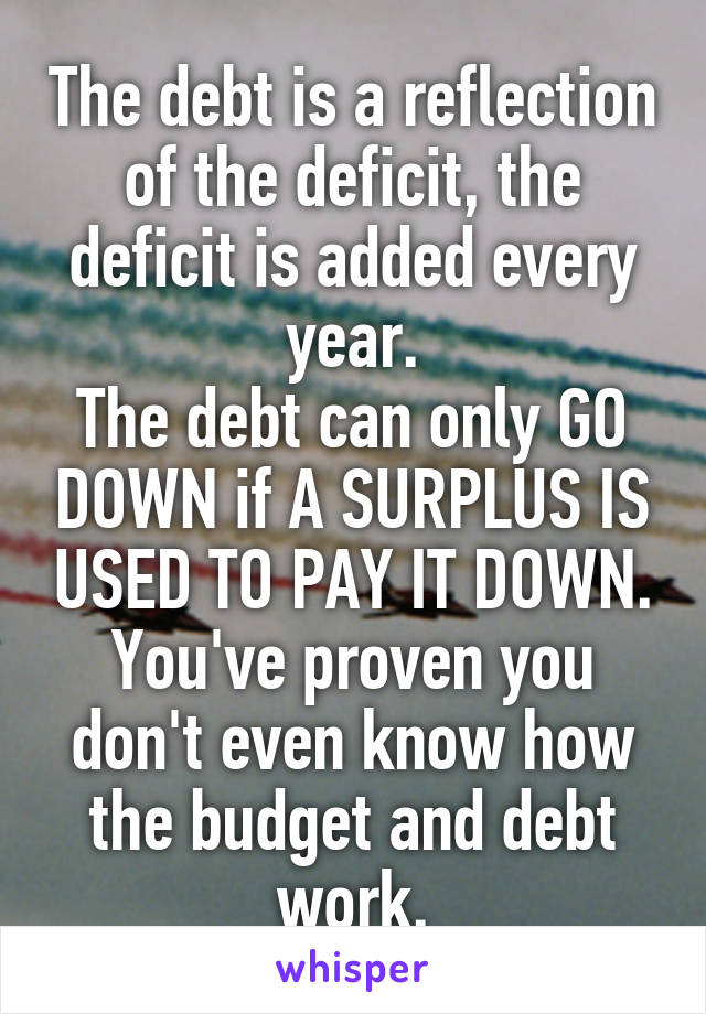 The debt is a reflection of the deficit, the deficit is added every year.
The debt can only GO DOWN if A SURPLUS IS USED TO PAY IT DOWN.
You've proven you don't even know how the budget and debt work.