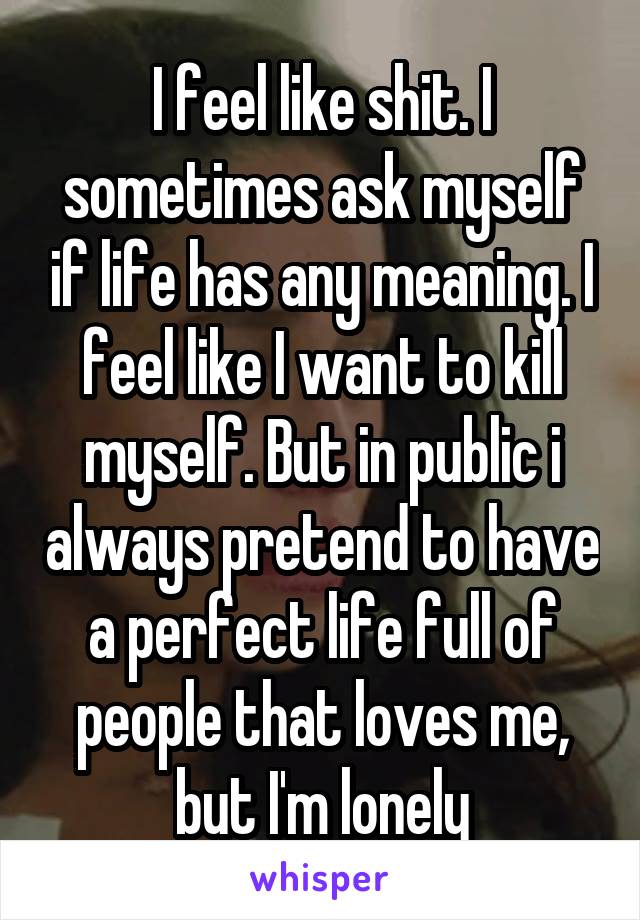 I feel like shit. I sometimes ask myself if life has any meaning. I feel like I want to kill myself. But in public i always pretend to have a perfect life full of people that loves me, but I'm lonely