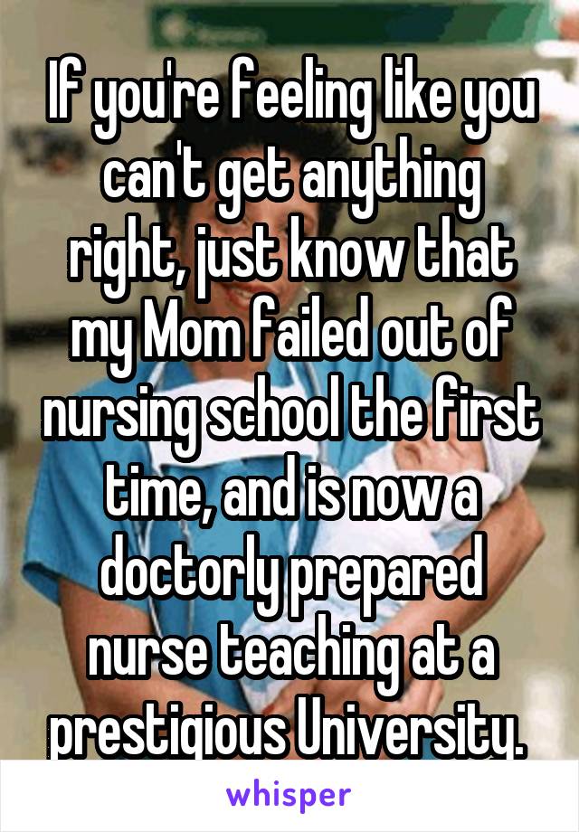 If you're feeling like you can't get anything right, just know that my Mom failed out of nursing school the first time, and is now a doctorly prepared nurse teaching at a prestigious University. 