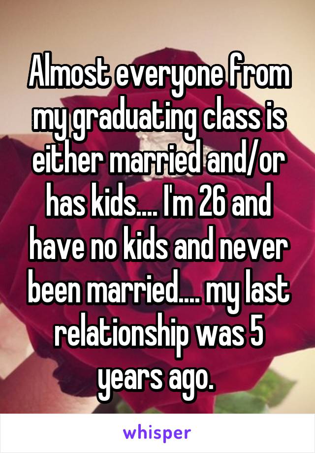 Almost everyone from my graduating class is either married and/or has kids.... I'm 26 and have no kids and never been married.... my last relationship was 5 years ago. 