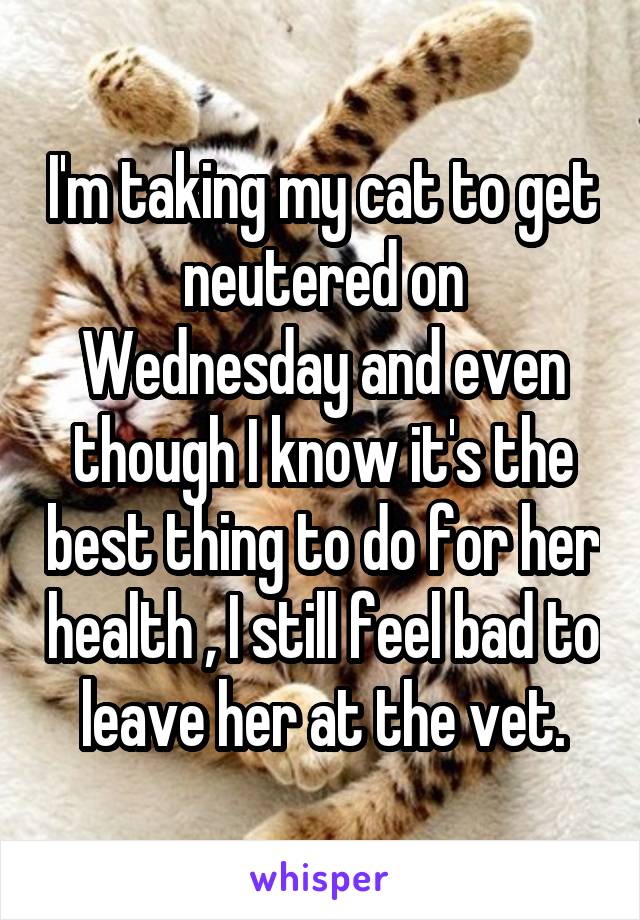 I'm taking my cat to get neutered on Wednesday and even though I know it's the best thing to do for her health , I still feel bad to leave her at the vet.