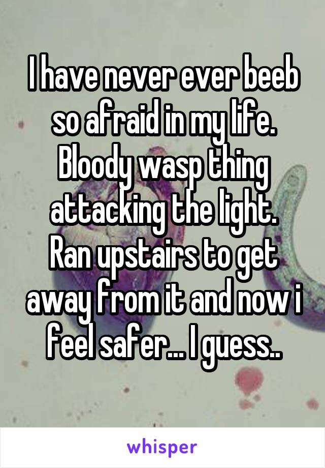 I have never ever beeb so afraid in my life.
Bloody wasp thing attacking the light.
Ran upstairs to get away from it and now i feel safer... I guess..
