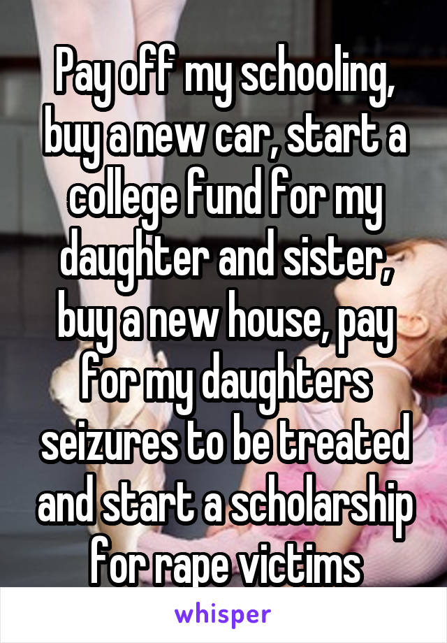 Pay off my schooling, buy a new car, start a college fund for my daughter and sister, buy a new house, pay for my daughters seizures to be treated and start a scholarship for rape victims