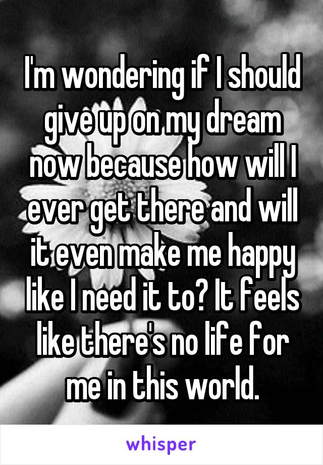 I'm wondering if I should give up on my dream now because how will I ever get there and will it even make me happy like I need it to? It feels like there's no life for me in this world.