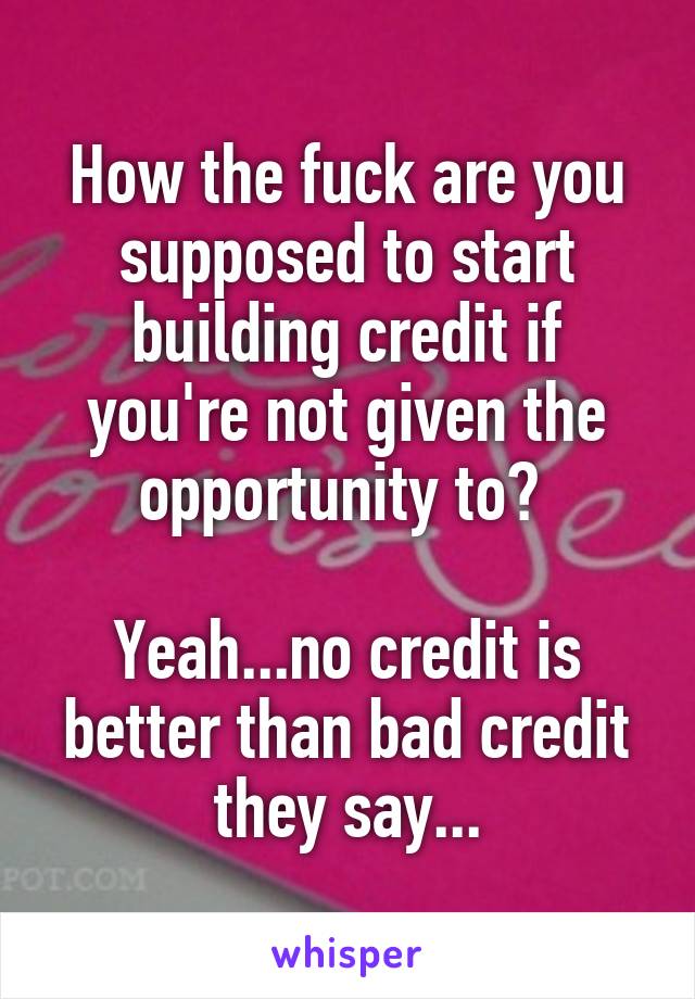 How the fuck are you supposed to start building credit if you're not given the opportunity to? 

Yeah...no credit is better than bad credit they say...