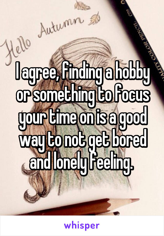 I agree, finding a hobby or something to focus your time on is a good way to not get bored and lonely feeling. 