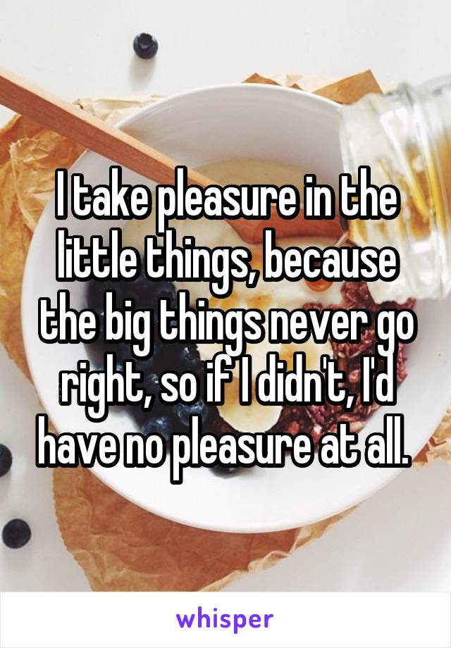 I take pleasure in the little things, because the big things never go right, so if I didn't, I'd have no pleasure at all. 