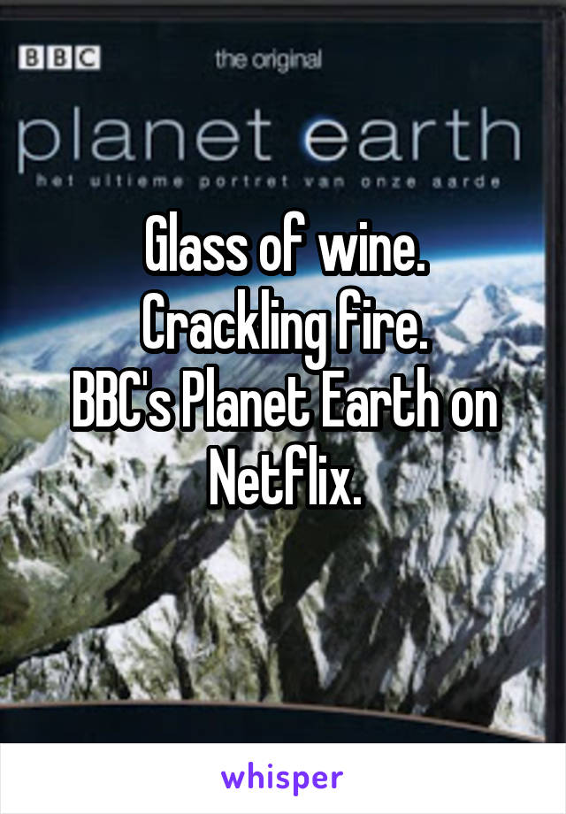 Glass of wine.
Crackling fire.
BBC's Planet Earth on Netflix.
