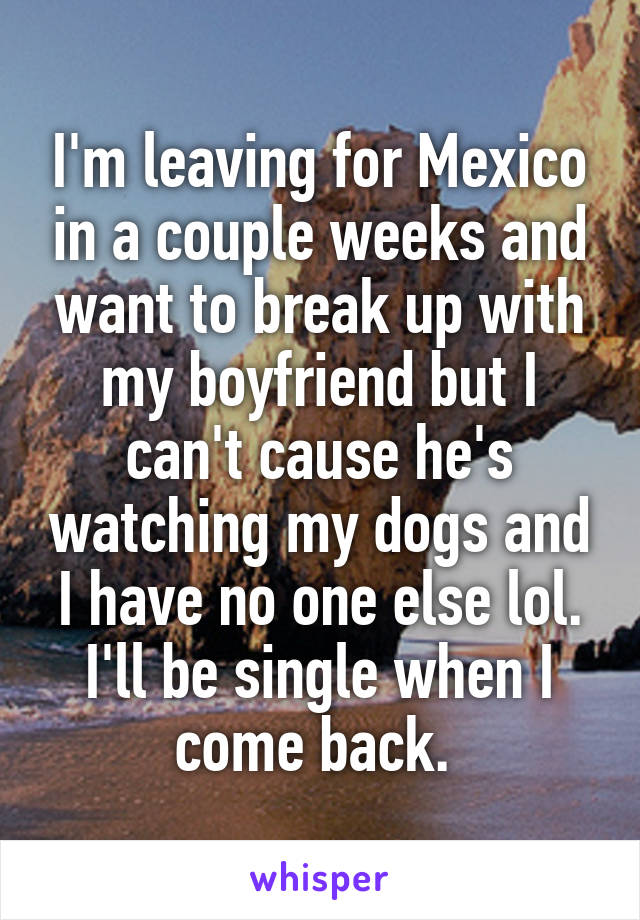 I'm leaving for Mexico in a couple weeks and want to break up with my boyfriend but I can't cause he's watching my dogs and I have no one else lol. I'll be single when I come back. 