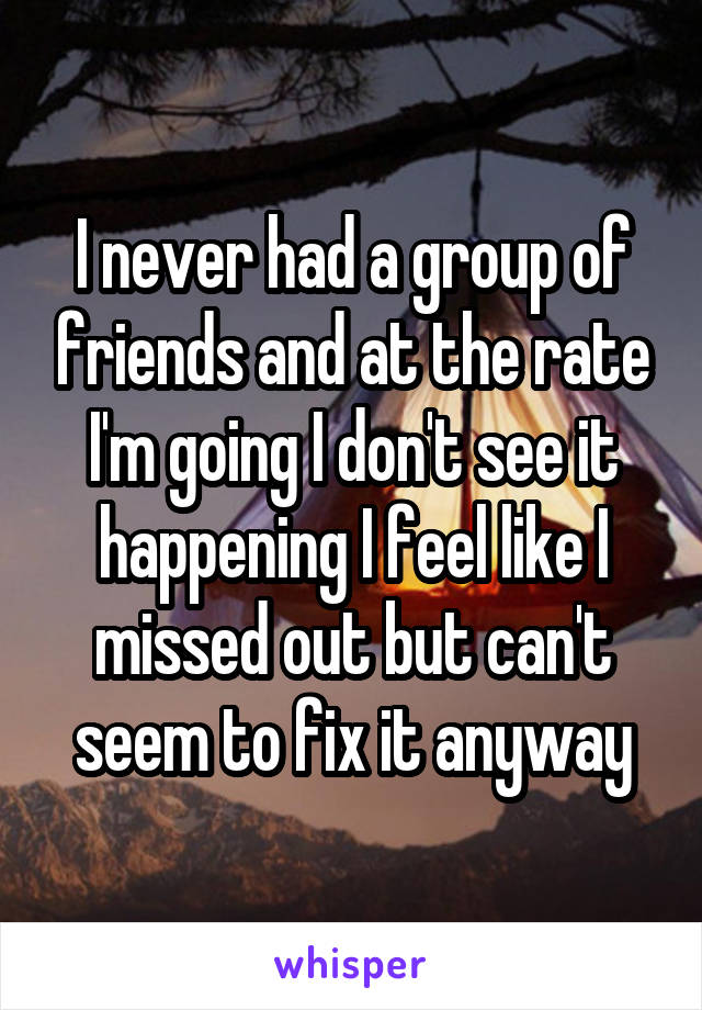 I never had a group of friends and at the rate I'm going I don't see it happening I feel like I missed out but can't seem to fix it anyway