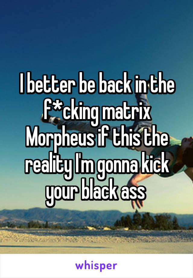 I better be back in the f*cking matrix Morpheus if this the reality I'm gonna kick your black ass 