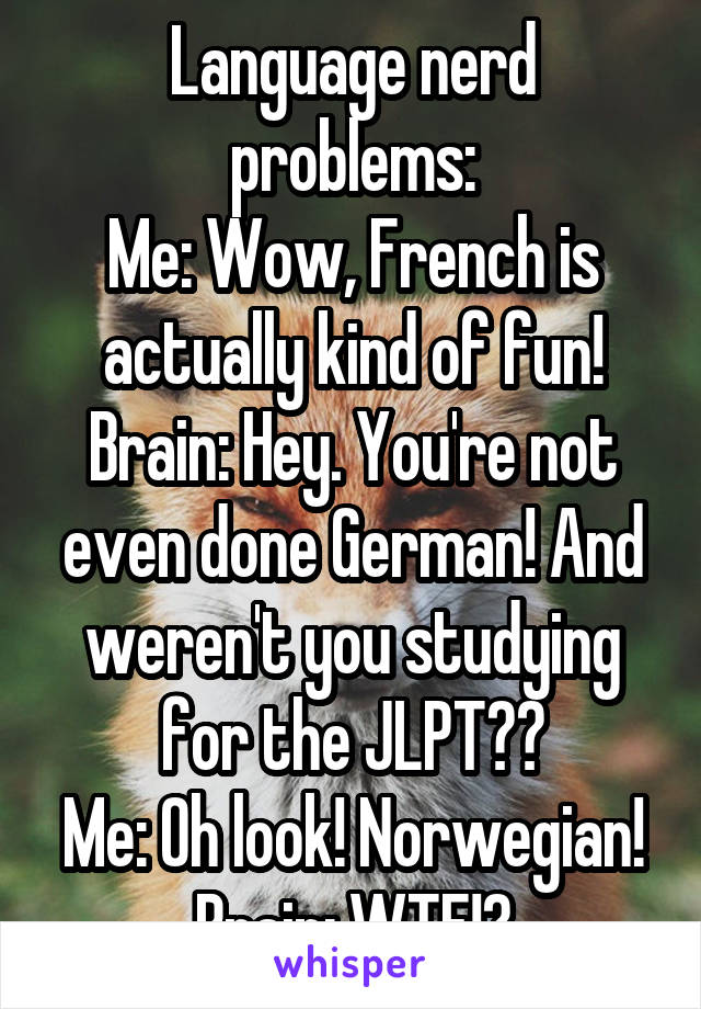 Language nerd problems:
Me: Wow, French is actually kind of fun!
Brain: Hey. You're not even done German! And weren't you studying for the JLPT??
Me: Oh look! Norwegian!
Brain: WTF!?