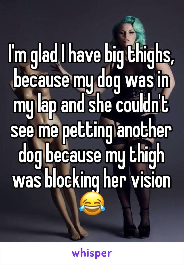 I'm glad I have big thighs, because my dog was in my lap and she couldn't see me petting another dog because my thigh was blocking her vision 😂