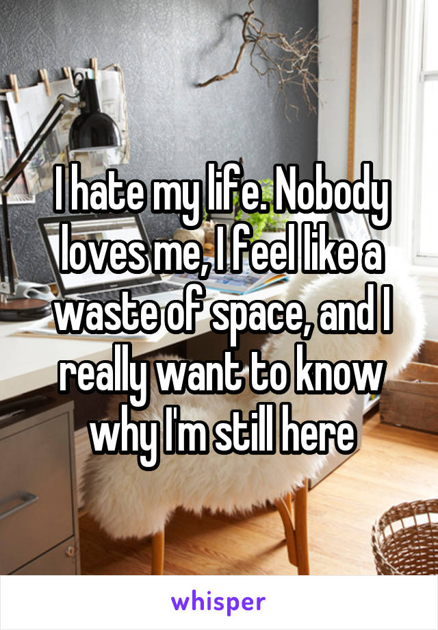 I hate my life. Nobody loves me, I feel like a waste of space, and I really want to know why I'm still here