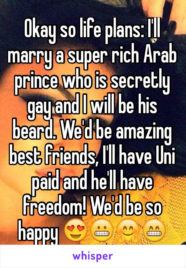 Okay so life plans: I'll marry a super rich Arab prince who is secretly gay and I will be his beard. We'd be amazing best friends, I'll have Uni paid and he'll have freedom! We'd be so happy 😍😬🤗😁