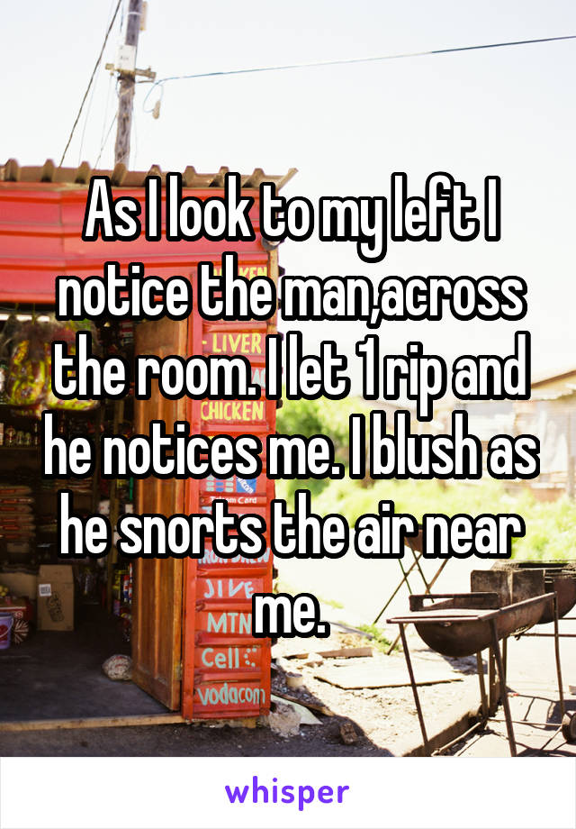 As I look to my left I notice the man,across the room. I let 1 rip and he notices me. I blush as he snorts the air near me.