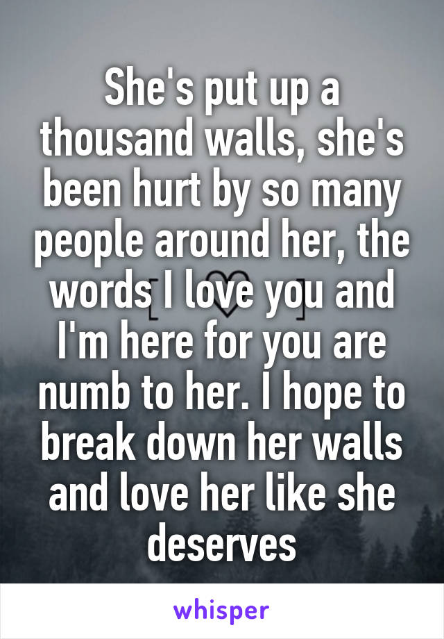 She's put up a thousand walls, she's been hurt by so many people around her, the words I love you and I'm here for you are numb to her. I hope to break down her walls and love her like she deserves