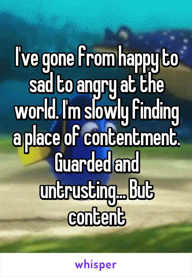 I've gone from happy to sad to angry at the world. I'm slowly finding a place of contentment. Guarded and untrusting... But content