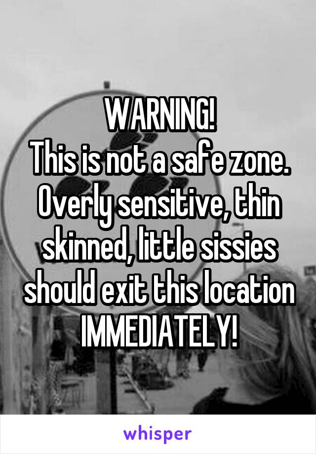 WARNING!
This is not a safe zone.
Overly sensitive, thin skinned, little sissies should exit this location
IMMEDIATELY!