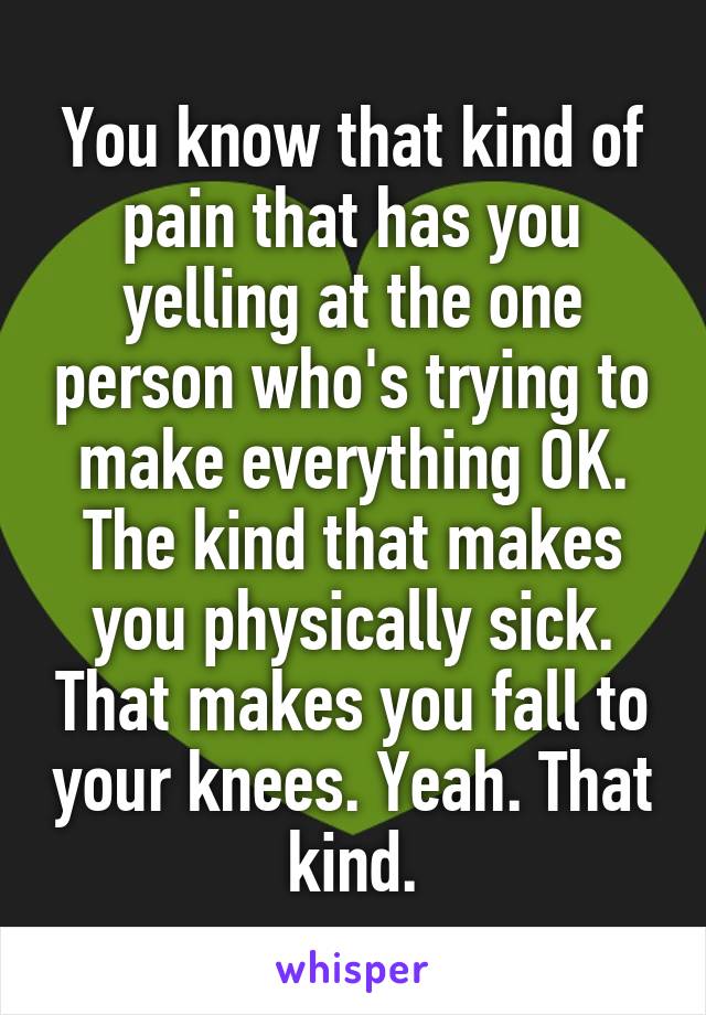 You know that kind of pain that has you yelling at the one person who's trying to make everything OK. The kind that makes you physically sick. That makes you fall to your knees. Yeah. That kind.