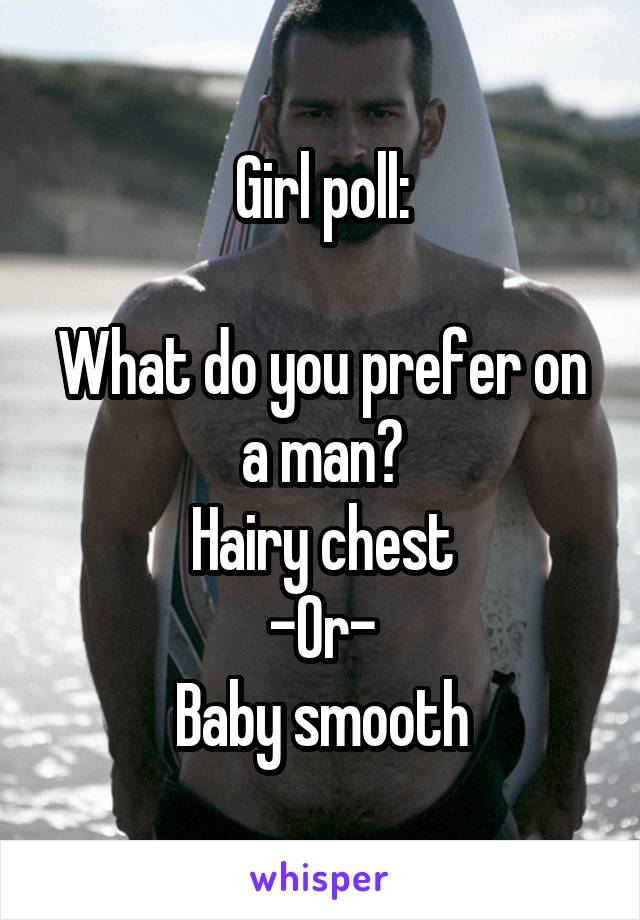 Girl poll:

What do you prefer on a man?
Hairy chest
-Or-
Baby smooth