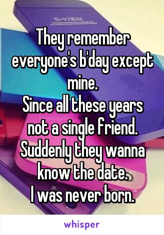 They remember everyone's b'day except mine.
Since all these years not a single friend.
Suddenly they wanna know the date.
I was never born.