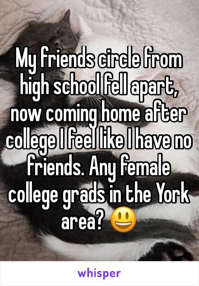 My friends circle from high school fell apart, now coming home after college I feel like I have no friends. Any female college grads in the York area? 😃