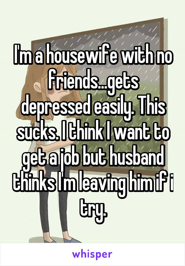 I'm a housewife with no friends...gets depressed easily. This sucks. I think I want to get a job but husband thinks I'm leaving him if i try.