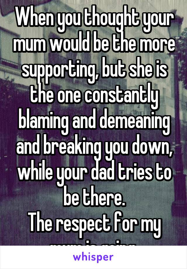 When you thought your mum would be the more supporting, but she is the one constantly blaming and demeaning and breaking you down, while your dad tries to be there.
The respect for my mum is going.