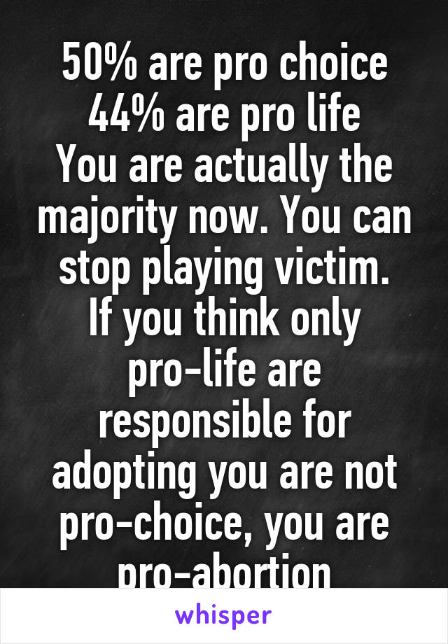 50% are pro choice
44% are pro life
You are actually the majority now. You can stop playing victim.
If you think only pro-life are responsible for adopting you are not pro-choice, you are pro-abortion