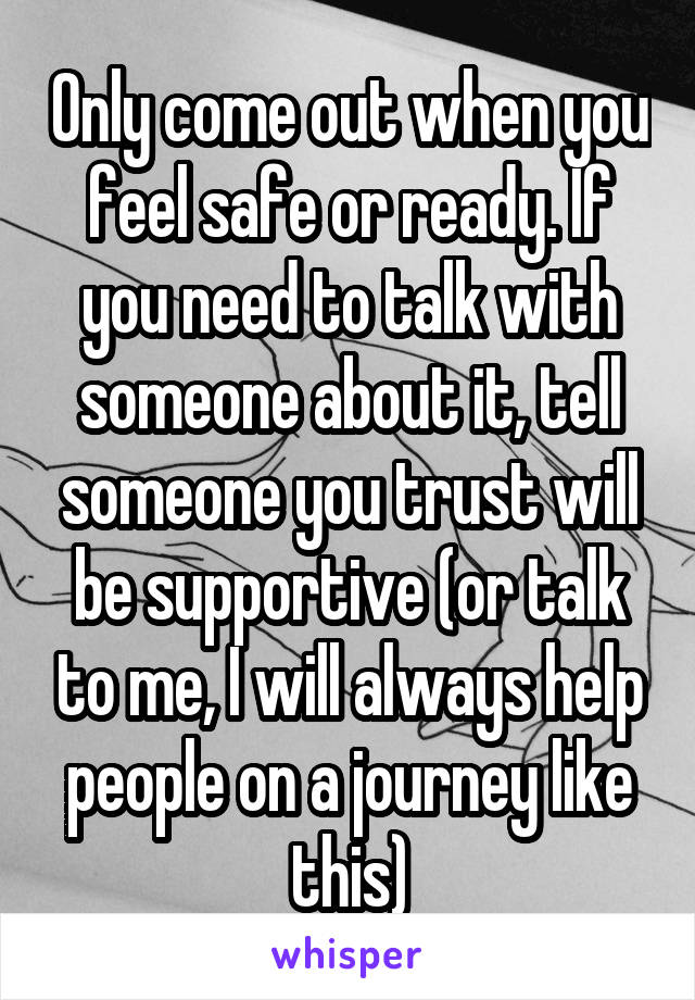 Only come out when you feel safe or ready. If you need to talk with someone about it, tell someone you trust will be supportive (or talk to me, I will always help people on a journey like this)