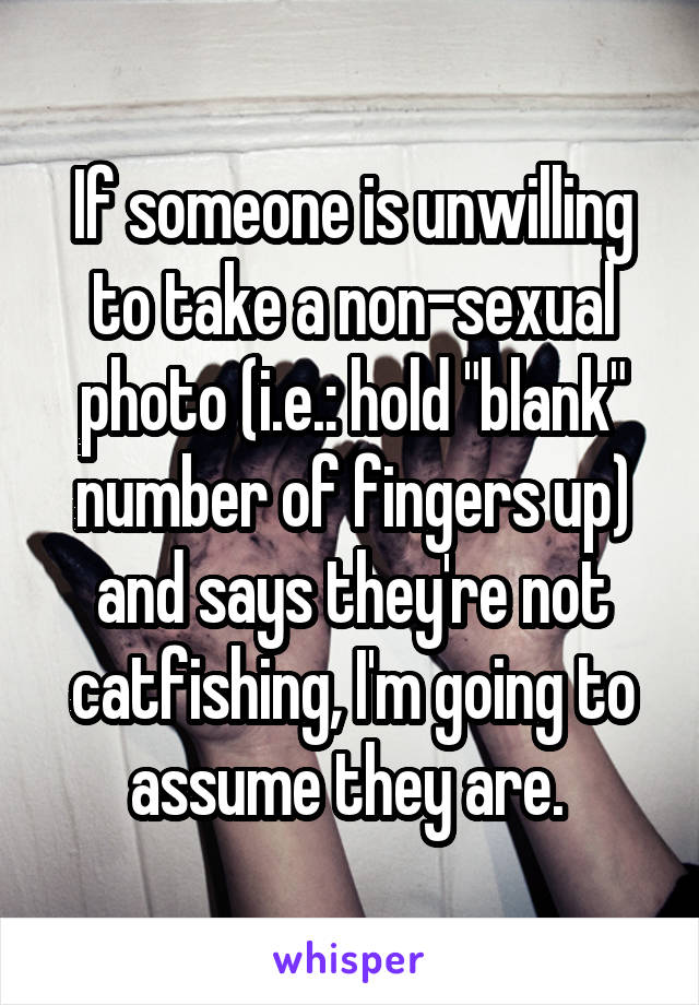 If someone is unwilling to take a non-sexual photo (i.e.: hold "blank" number of fingers up) and says they're not catfishing, I'm going to assume they are. 