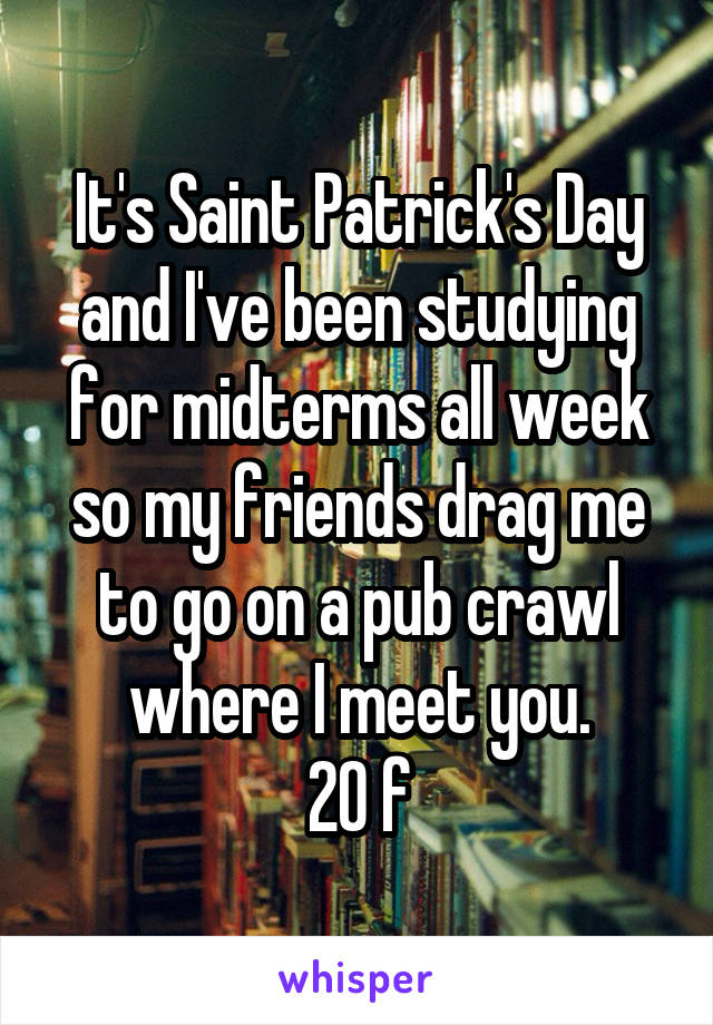 It's Saint Patrick's Day and I've been studying for midterms all week so my friends drag me to go on a pub crawl where I meet you.
20 f