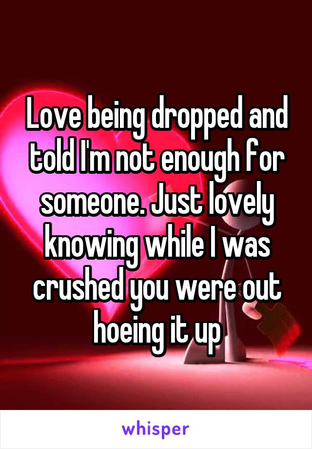 Love being dropped and told I'm not enough for someone. Just lovely knowing while I was crushed you were out hoeing it up