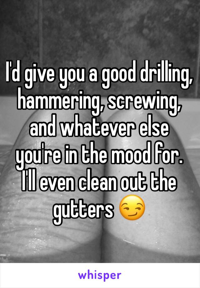 I'd give you a good drilling, hammering, screwing, and whatever else you're in the mood for.  I'll even clean out the gutters 😏