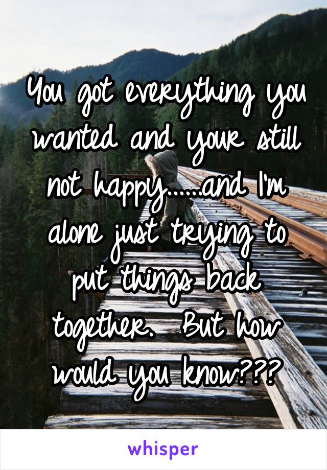 You got everything you wanted and your still not happy......and I'm alone just trying to put things back together.  But how would you know???