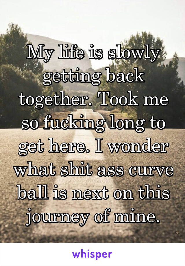 My life is slowly getting back together. Took me so fucking long to get here. I wonder what shit ass curve ball is next on this journey of mine.