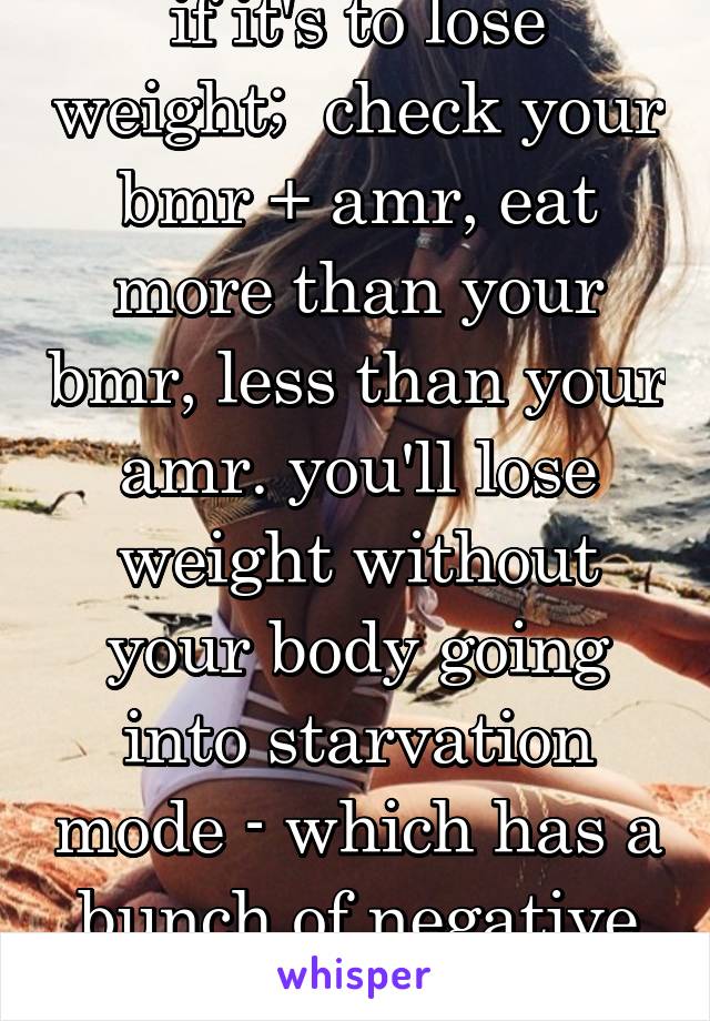 if it's to lose weight;  check your bmr + amr, eat more than your bmr, less than your amr. you'll lose weight without your body going into starvation mode - which has a bunch of negative side effects