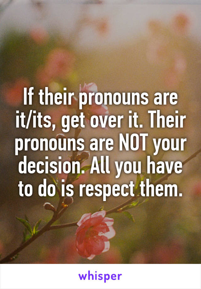 If their pronouns are it/its, get over it. Their pronouns are NOT your decision. All you have to do is respect them.